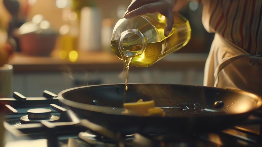 woman pouring cooking oil from bottle into frying pan stove closeup generative ai - الطباخ السعيد أفضل زيت للقلي في السعودية