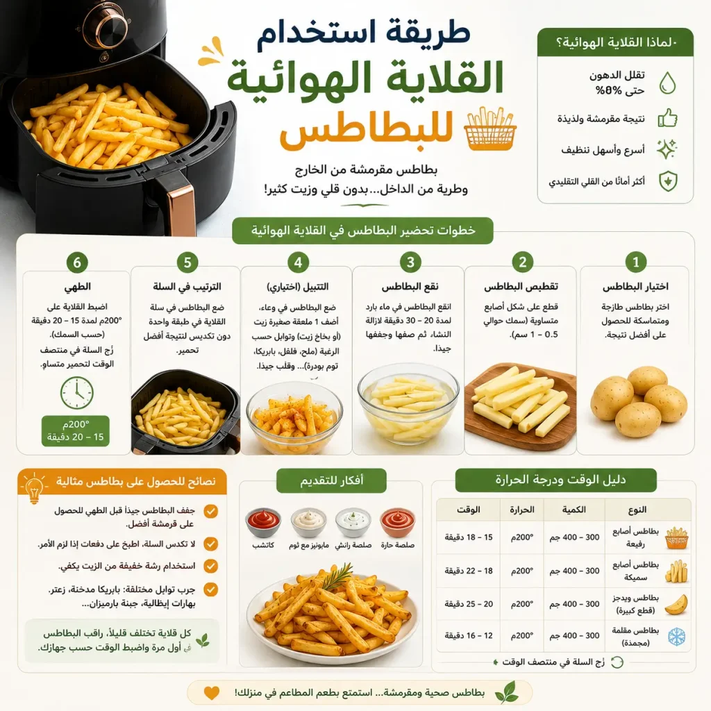 سر القرمشة الذهبية: دليلكِ لمعرفة طريقة استخدام القلاية الهوائية للبطاطس 9 أسرار الوقت والحرارة- طريقة استخدام القلاية الهوائية للبطاطس