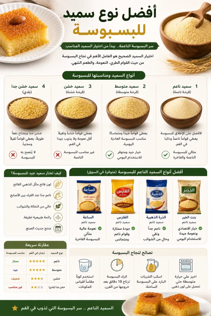 سر القوام المرمل: دليلك الكامل لاختيار افضل نوع سميد للبسبوسه 7 افضل نوع سميد للبسبوسه