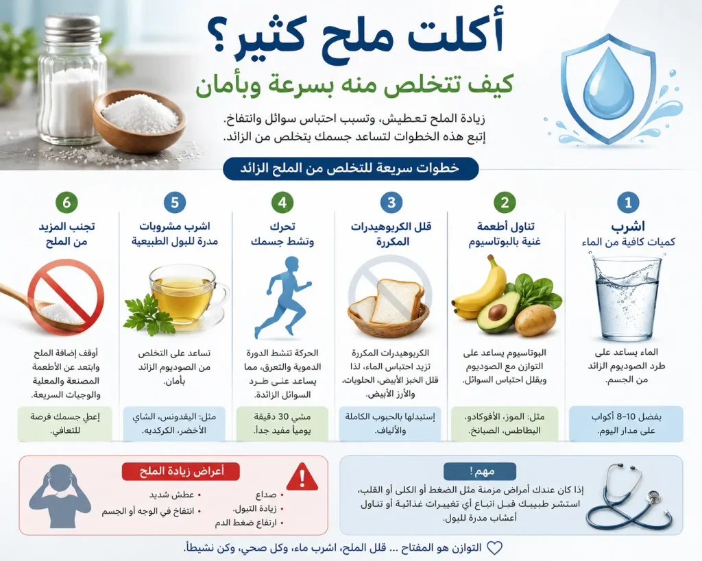 الدليل الفوري لإعادة التوازن: اكلت ملح كثير كيف أتخلص منه سريعاً؟ 1 اكلت ملح كثير كيف أتخلص منه - خطوات طارئة بمنزلك