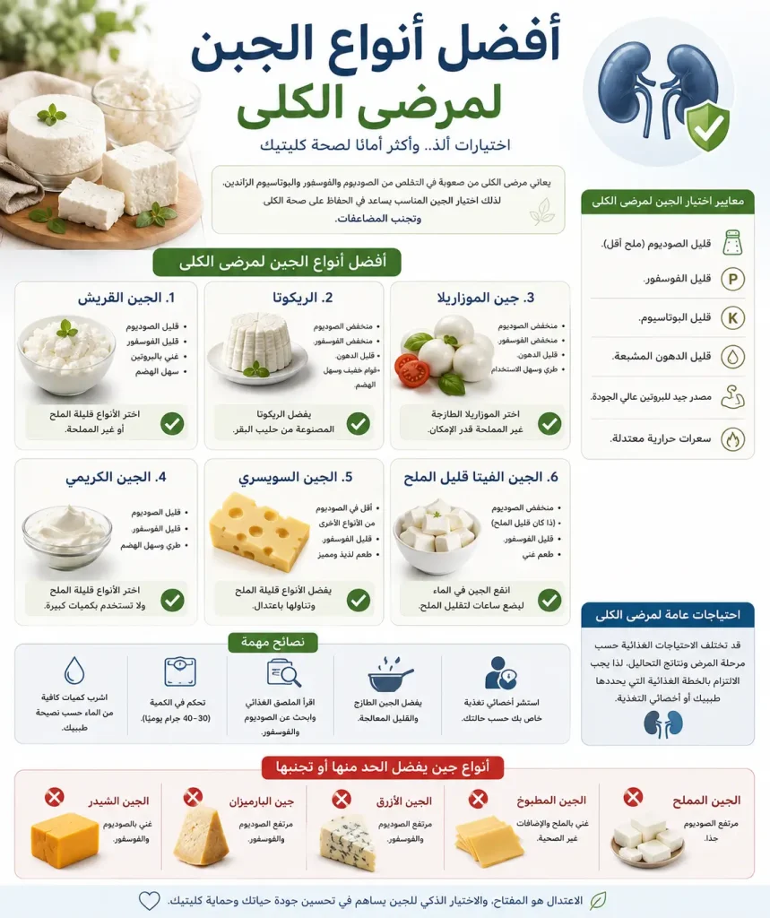 دليلك التغذوي الشامل: كيف تختار أفضل أنواع الجبن لمرضى الكلى بأمان؟ 6 دليل التغذية - أفضل أنواع الجبن لمرضى الكلى وكيفية اختيارها