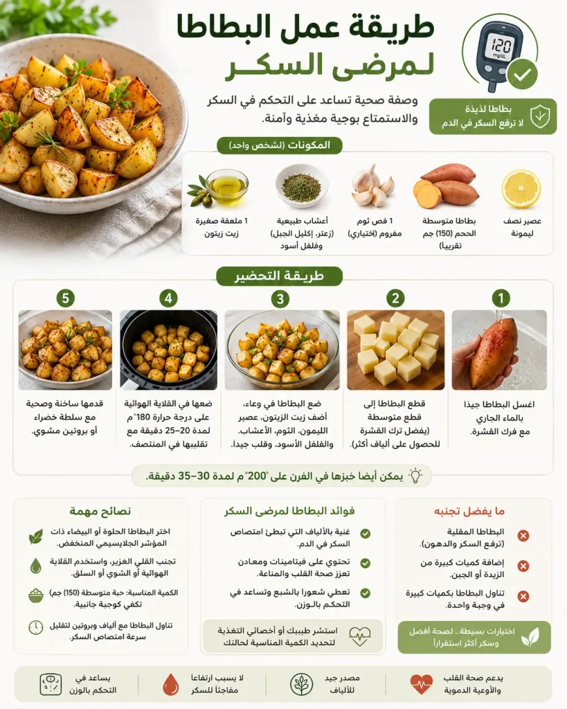دليلك الصحي الآمن: ما هي طريقة عمل البطاطا لمرضى السكر بدون رفع الجلوكوز؟ 6 طريقة عمل البطاطا لمرضى السكر بـ وصفات آمنة جداً