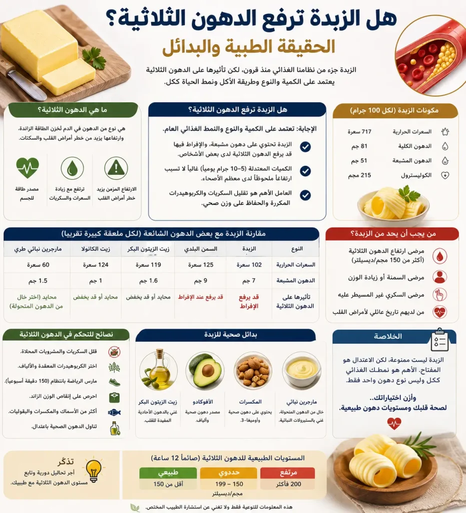 الحقيقة الطبية الكاملة: هل الزبدة ترفع الدهون الثلاثية لدى مرضي القلب؟ 8 هل الزبدة ترفع الدهون الثلاثية - الحقيقة الطبية والبدائل