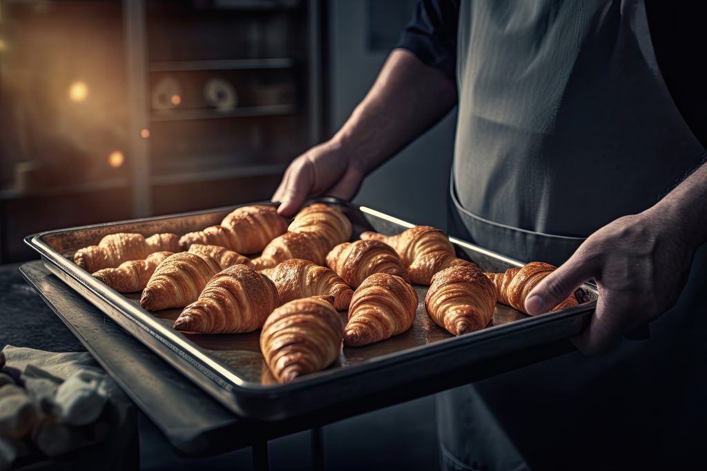 baker holding metal tray full fresh croissants illuminated with lovely light from window ai generative - أفضل سمنة مارجرين مثالية لصناعة الكرواسون